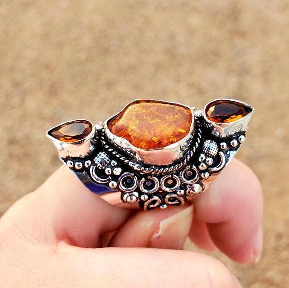 New Baltic Amber & Citrine 925 Silver Statement Ring. - Picture 12 of 13